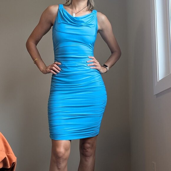 Frank Lyman, Rushed, bodycon, cocktail, midi dress, blue, Size 4 - Picture 1 of 13